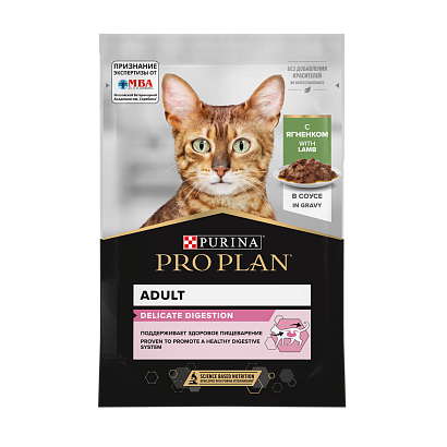 Pro Plan, влажный корм для взрослых кошек при чувств. пищеварении, кусочки в соусе с ягненком, 85 г